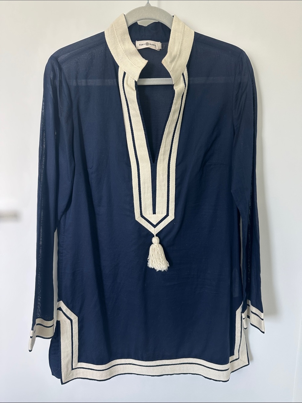 Tory Burch Navy and Cream Tassel Tunic Swim Cover-Up - Picture 5 of 7
